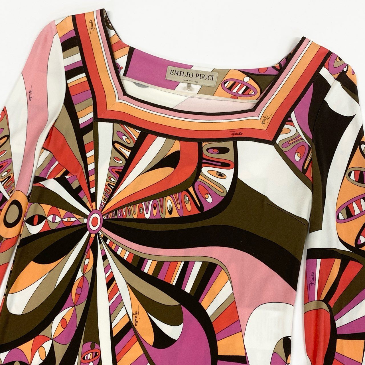 77 EMIRIO PUCCI エミリオプッチ イタリア製 スクエアネック 長袖ワンピース マルチカラープリント 総柄 シルク混 パーティー レディース 女性用 38u02t
