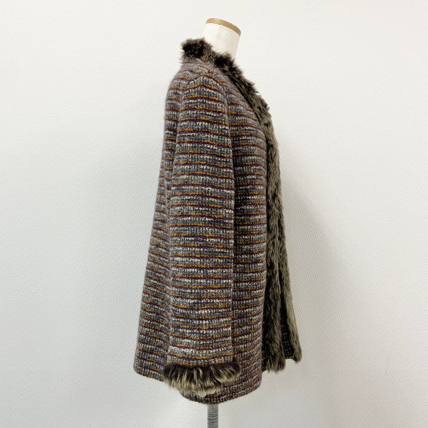 16h9《美品》MISSONI ミッソーニ ニットジャケット ニットコート ボーダー ファー イタリア製 92 マルチカラー レディースu02t