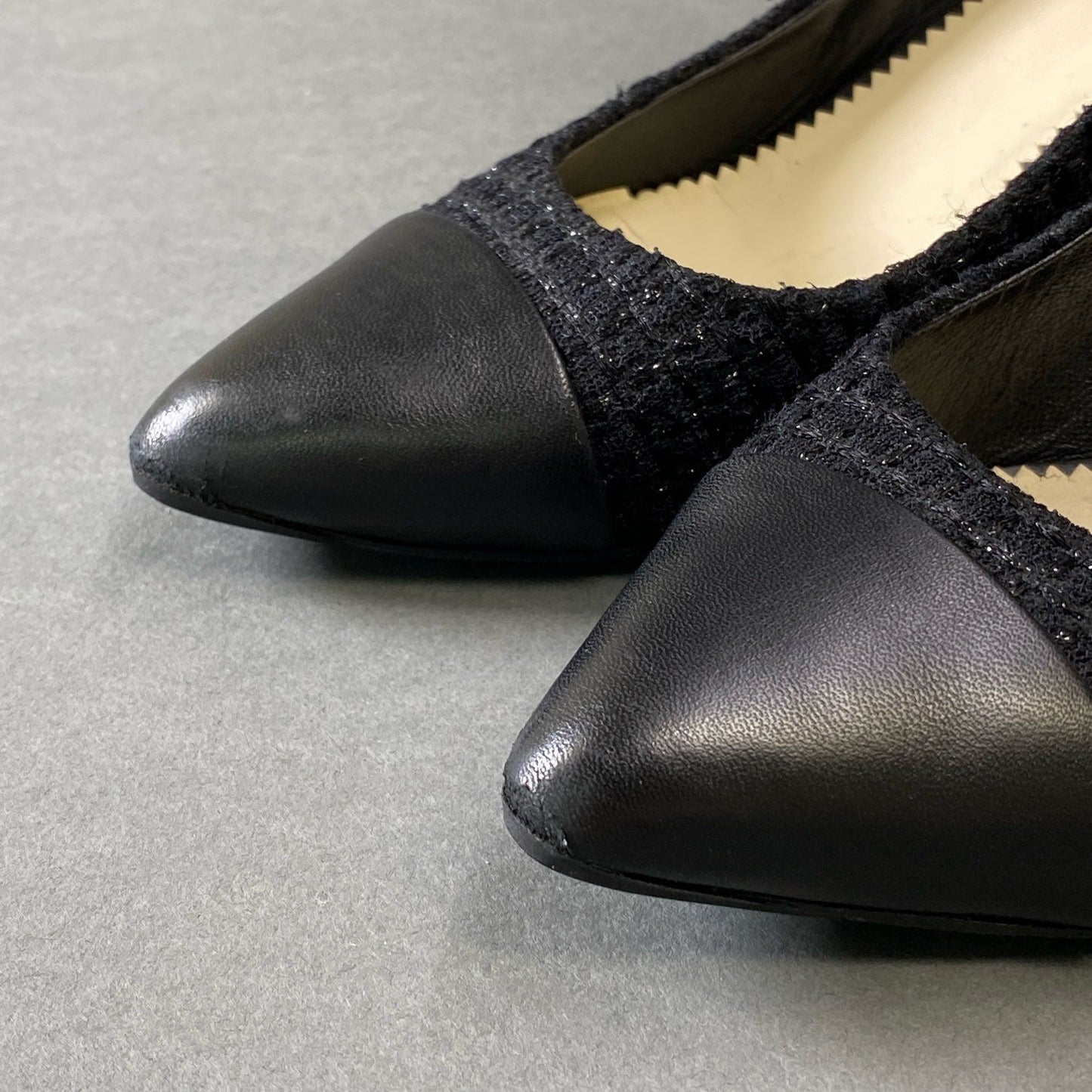 1g9 CHANEL シャネル ココマーク レザーキャップ ツイードパンプス 36 1/2 ブラック シューズ フォーマル 結婚式 パーティ 保存袋有