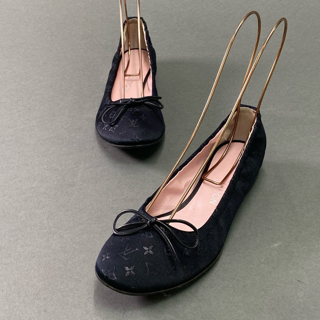 5e10 LOUIS VUITTON ルイヴィトン バレエシューズ フラットシューズ パンプス モノグラムサテン リボン サイズ36.5 ブラック レディース