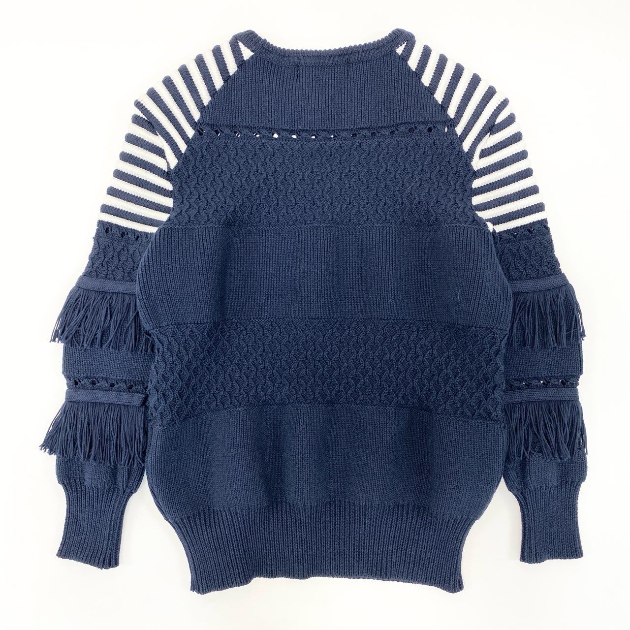 54h27 《美品》 BORDERS at BALCONY ボーダーズアットバルコニー フリンジ ニット セーター 洗える サイズ36 ネイビー ホワイト ボーダー コットン レディースu02t