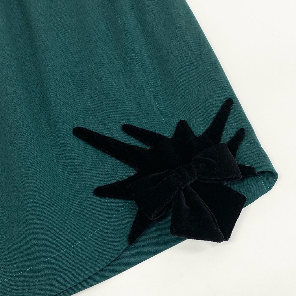 63d8-10 Thierry mugler ティエリー ミューグレー ジャケット/スカート スーツ セットアップ 変形デザイン ベロアリボン 裾フレア サイズ7AT-60-88 グリーン ブラック ウール100% レディース
