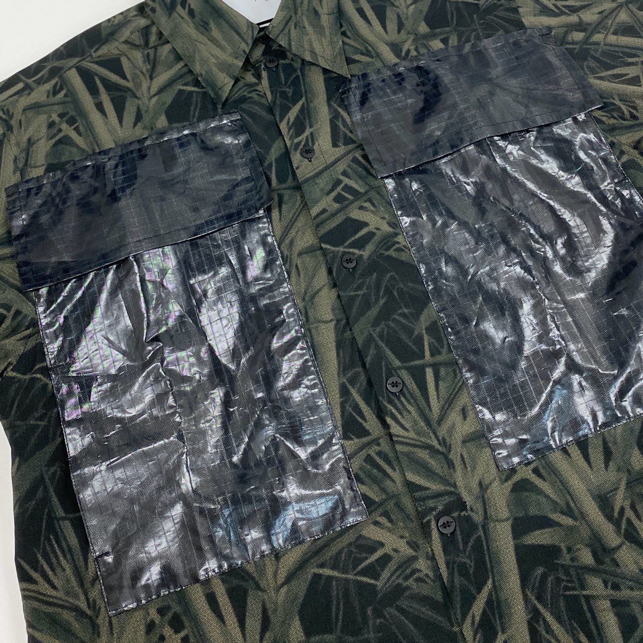 50l6 《美品》 yoshiokubo ヨシオクボ 日本製 S/S BAMBOO FILM PKT SHT 半袖シャツ 総柄 ショートスリーブ YKS22210 3 カーキ