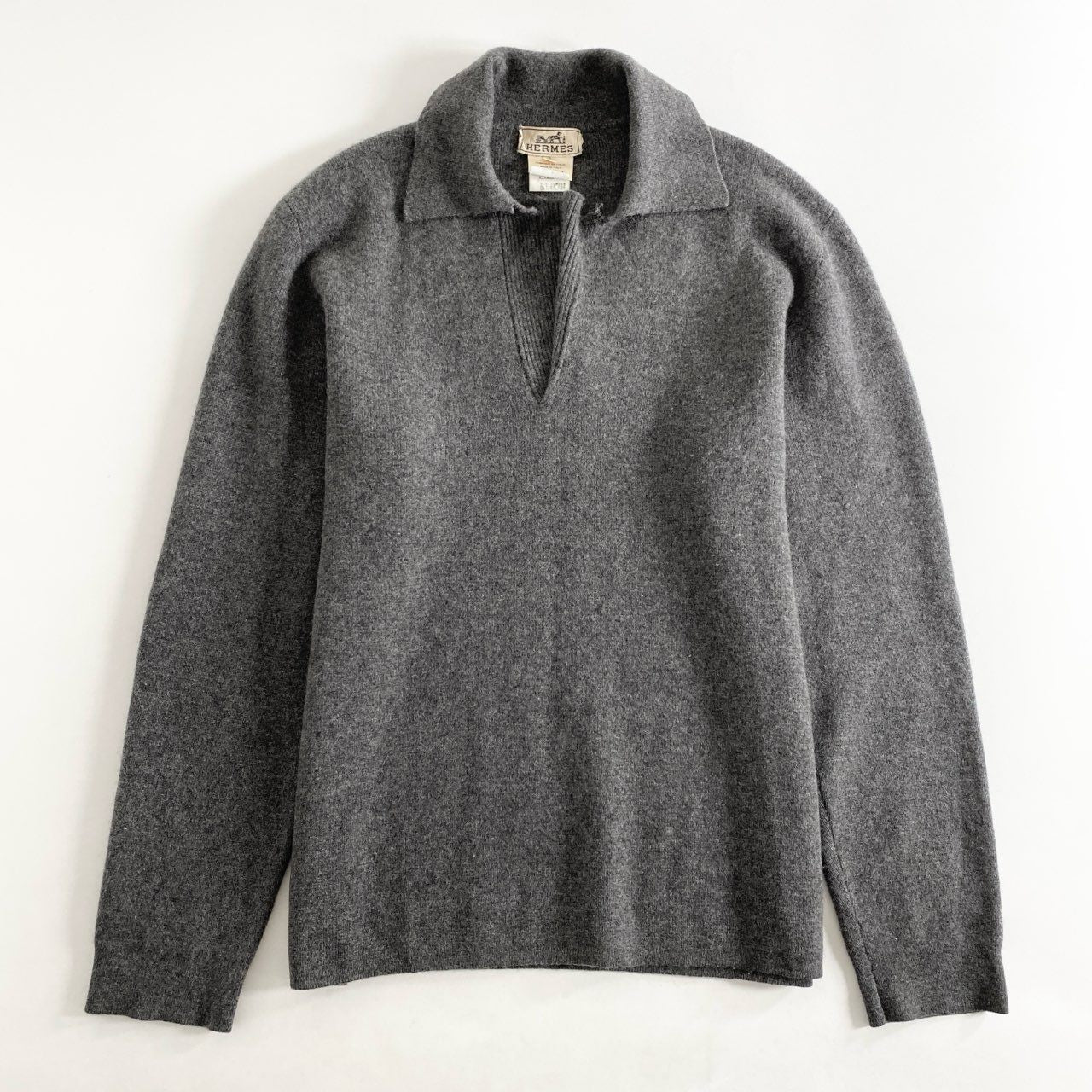 5i4 HERMES エルメス 襟付き カシミヤニットトップ セーター S グレー CASHMERE 100% イタリア製