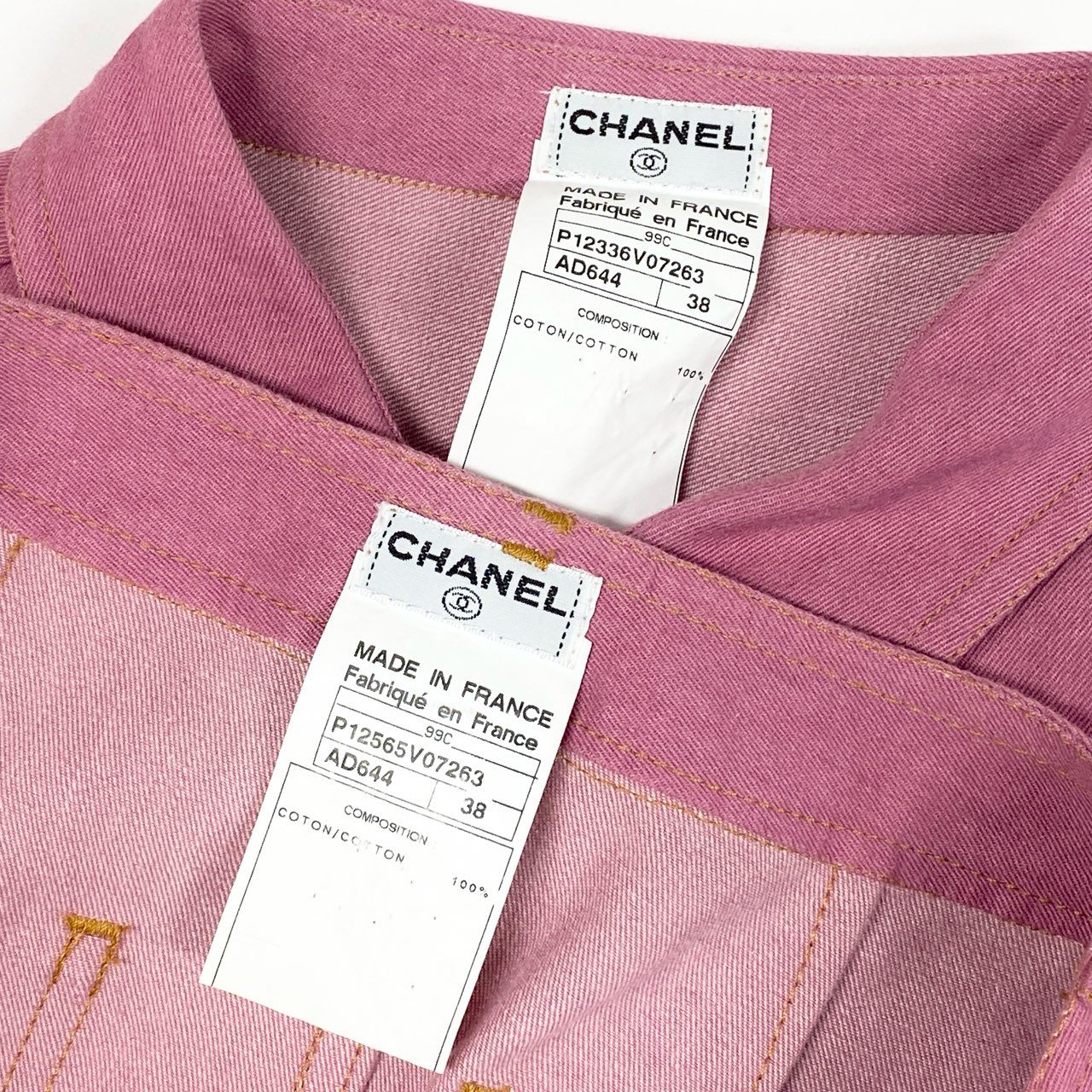 44a15 【archive】CHANEL ヴィンテージ シャネル 1999年 Cruise ランウェイ ココマークボタン デニムシャツ デニムスカート セットアップ オーバーサイズ サイズ38 ピンク レディースta1