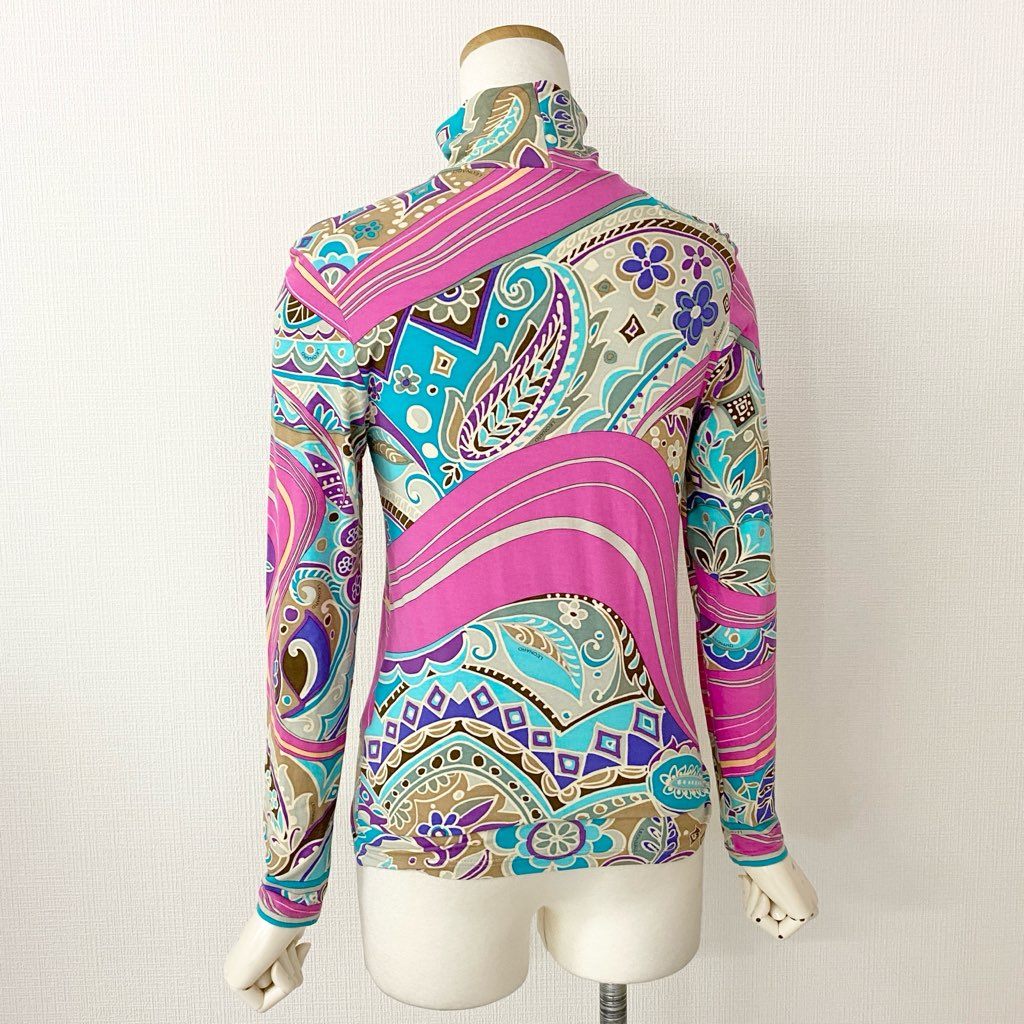 16d10 LEONARD レオナール 伸縮素材 ハイネック 長袖Tシャツ カットソー トップス サイズ2 マルチカラー レディース 日本製