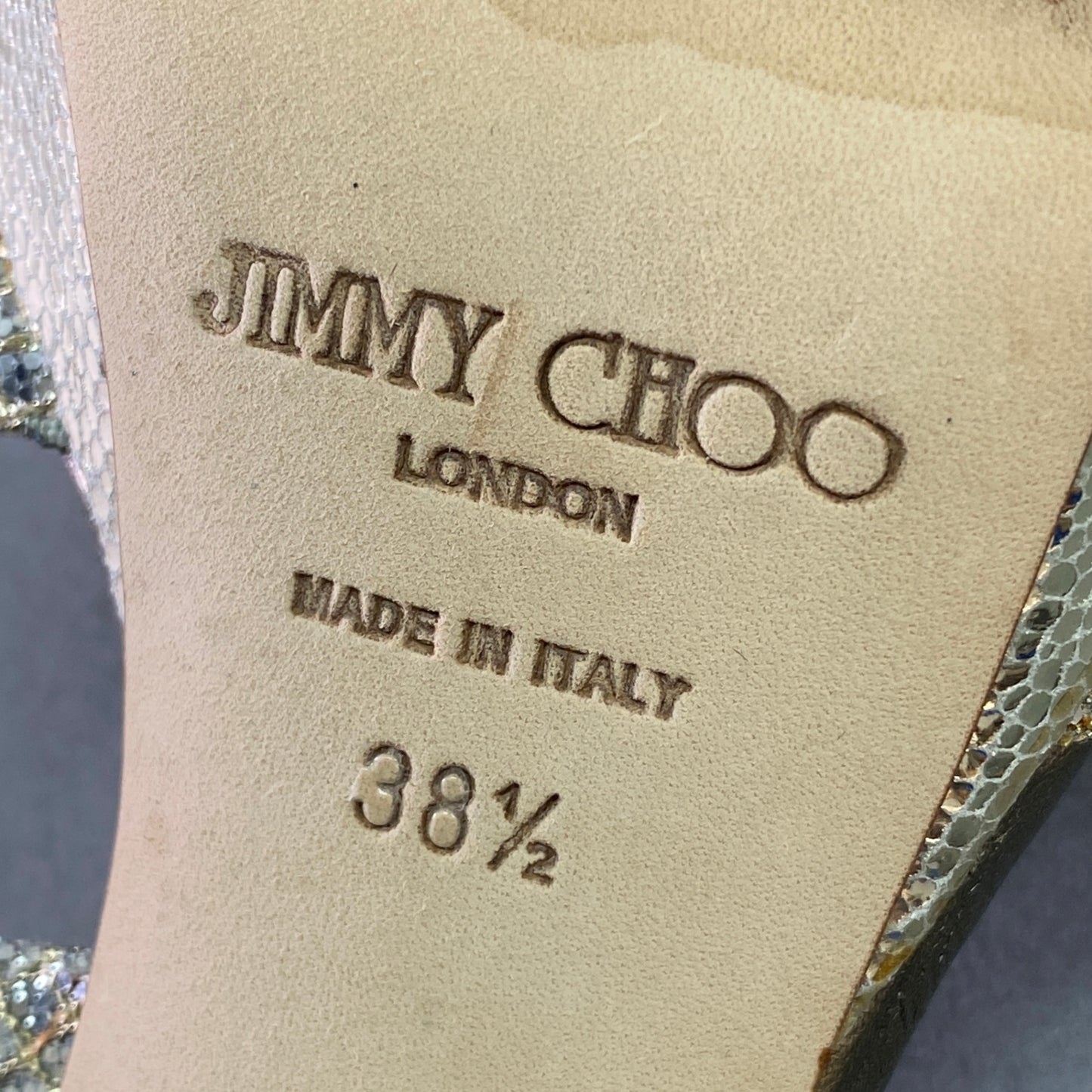 2l25 《美品》 JIMMY CHOO ジミーチュウ グリッター ストラップヒールサンダル 38 1/2 シルバー レザー ラメ パーティ セレモニー パンプス イタリア製