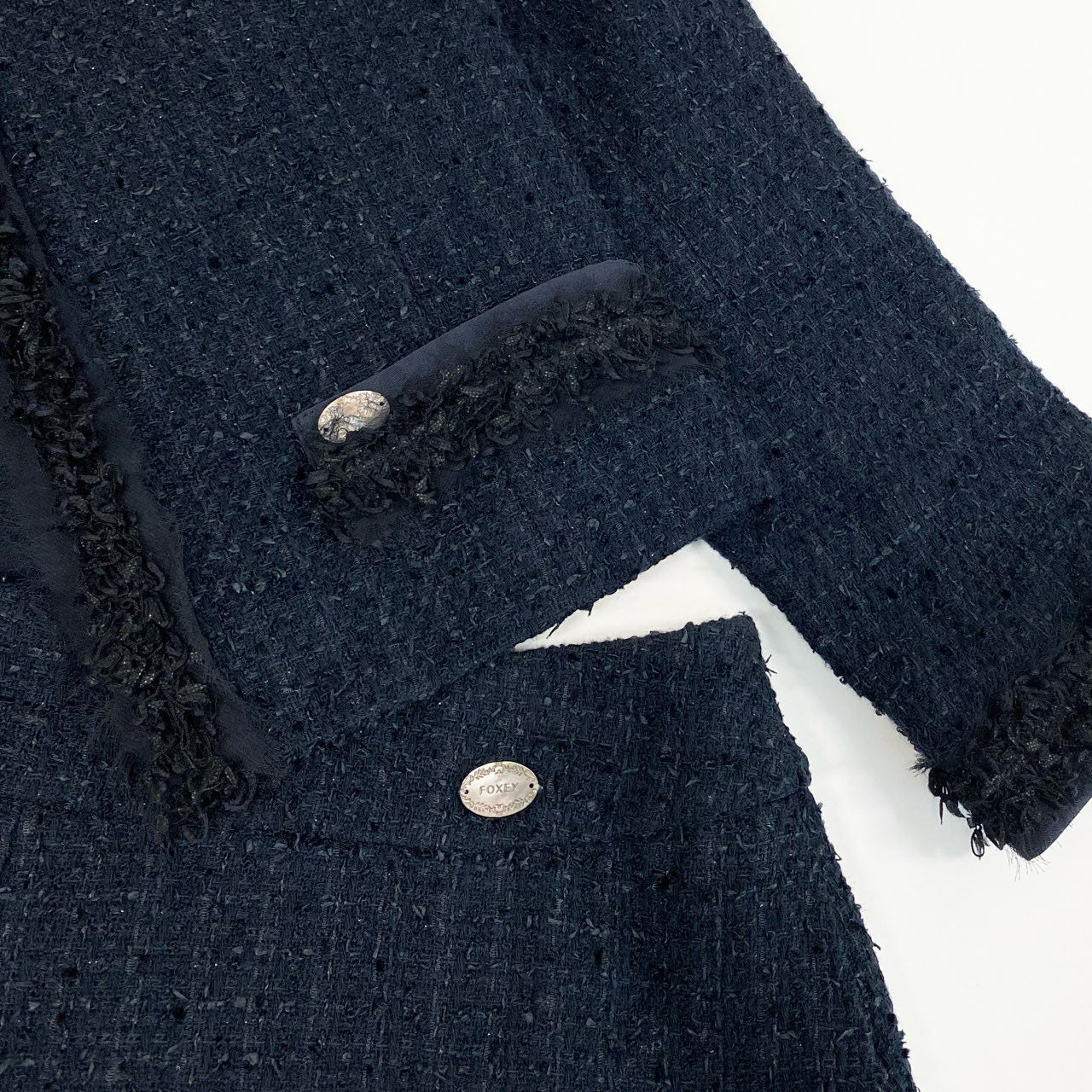 76a14 《美品》 FOXEY フォクシー クラシックツイード セットアップ ノーカラージャケット スカート 35283 38 ミッドナイトブルー セレモニー 日本製 結婚式