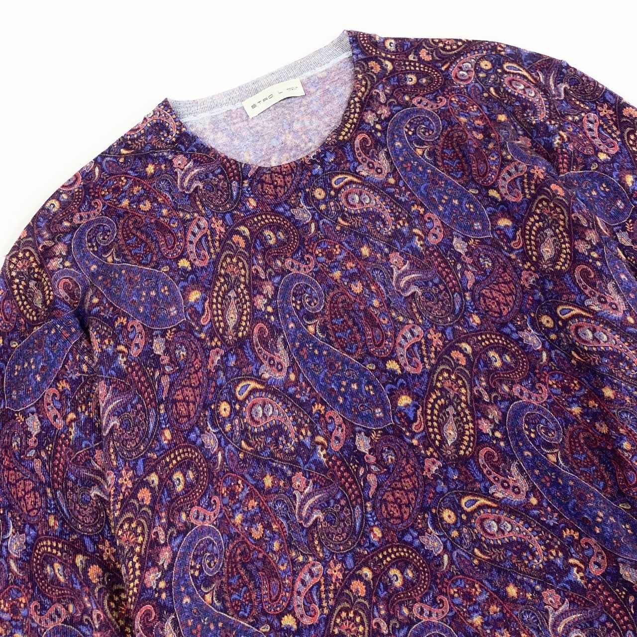 81d4 《美品》 ETRO エトロ ペイズリー 薄手ニットセーター L パープル イタリア製 総柄