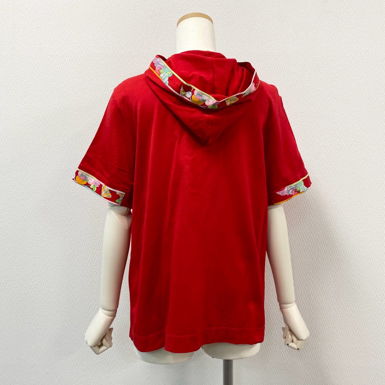 66i18 《美品》 LEONARD レオナール 半袖パーカー ジップアップ カットソー トップス 鹿の子 L レッド コットン レディース 美しい花柄プリントu02t