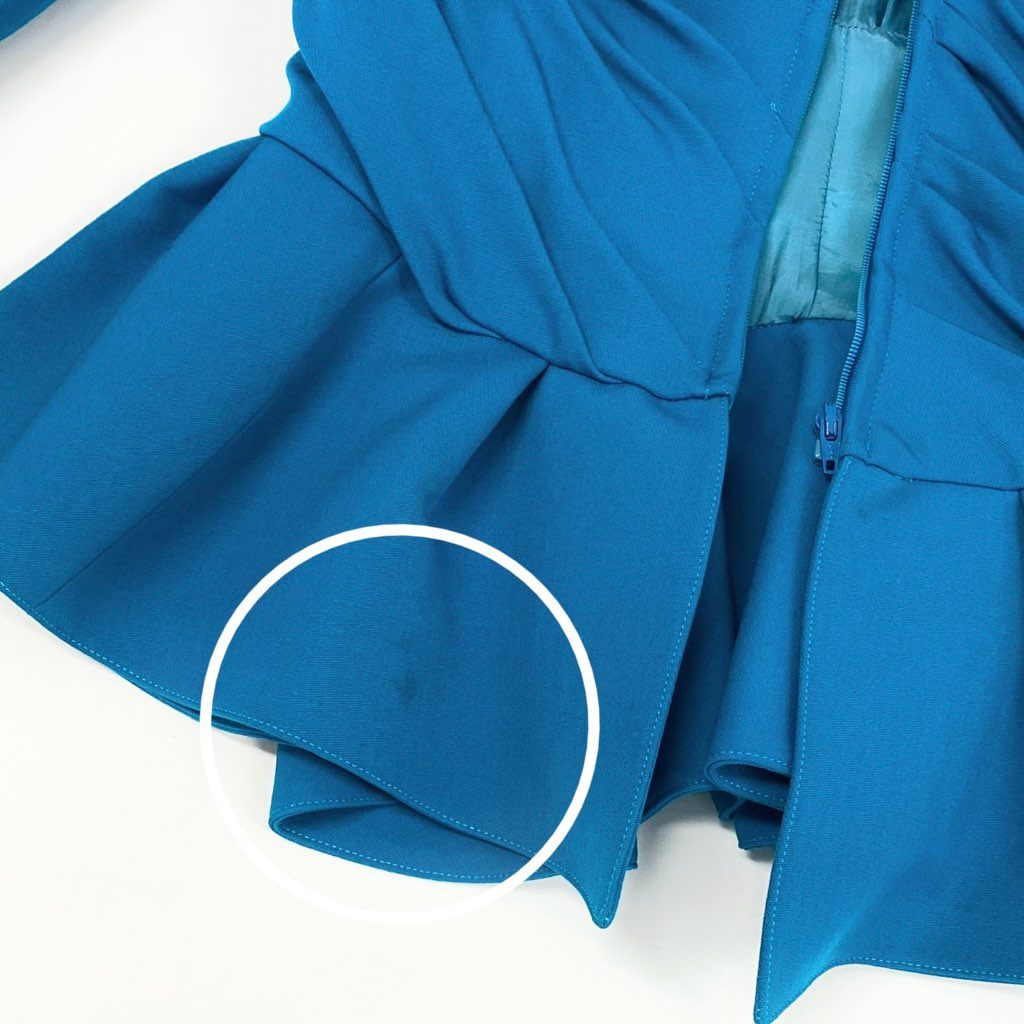 63d-4 Thierry mugler ティエリー ミューグレー ジャケット/スカート スーツ セットアップ サテン地切替 ギャザー ジップアップ サイズ7AR-60-88 ライトブルー ウール100% レディース