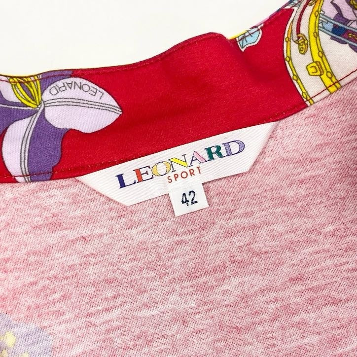 80g23 【美品】 LEONARD SPORT レオナールスポーツ ハーフジップ カットソー トップス 長袖 コットン 総柄 スタンドカラー レディース 女性用 0538194 42 レッド 綿100%
