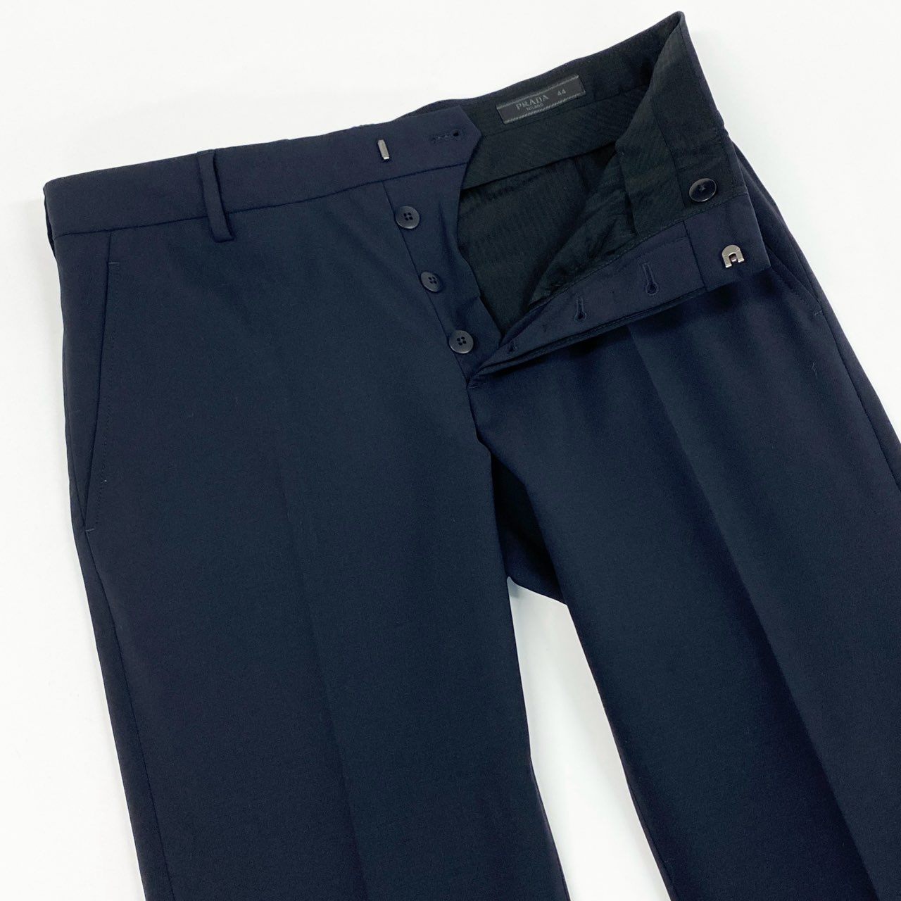 35k28③ 《美品》 PRADA プラダ イタリア製 スラックスパンツ テーパードパンツ バージンウール混 伸縮ストレッチ◎ ビジネス 通年 DNA801 44 ネイビー