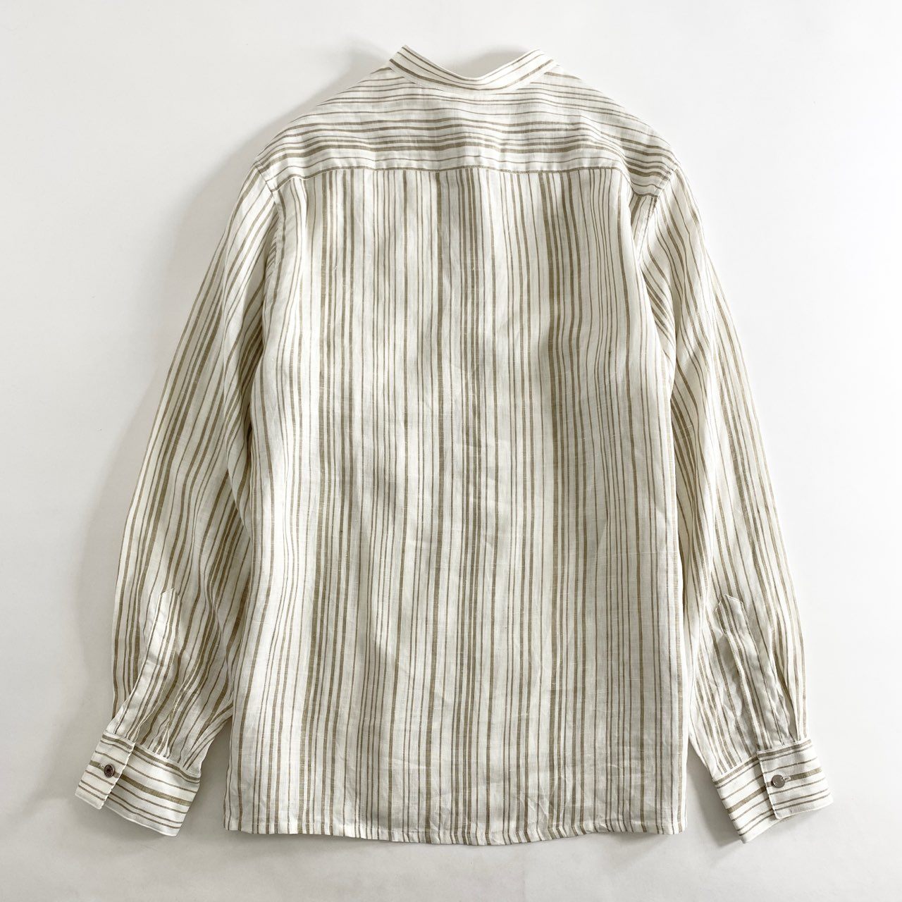 40h8-2 《美品》 フランス製 HERMES エルメス バンドカラーシャツ 長袖シャツ リネンシャツ ストライプ セリエボタン サイズ41/16 ホワイト×グリーン系 リネン100% メンズ