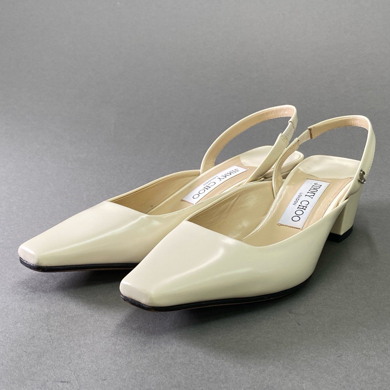 4d16 《美品》 JIMMY CHOO ジミーチュウ Gini 45 JC Slingback Pumps スリングバックパンプス 36 1/2 ホワイト パテントレザー シューズ イタリア製