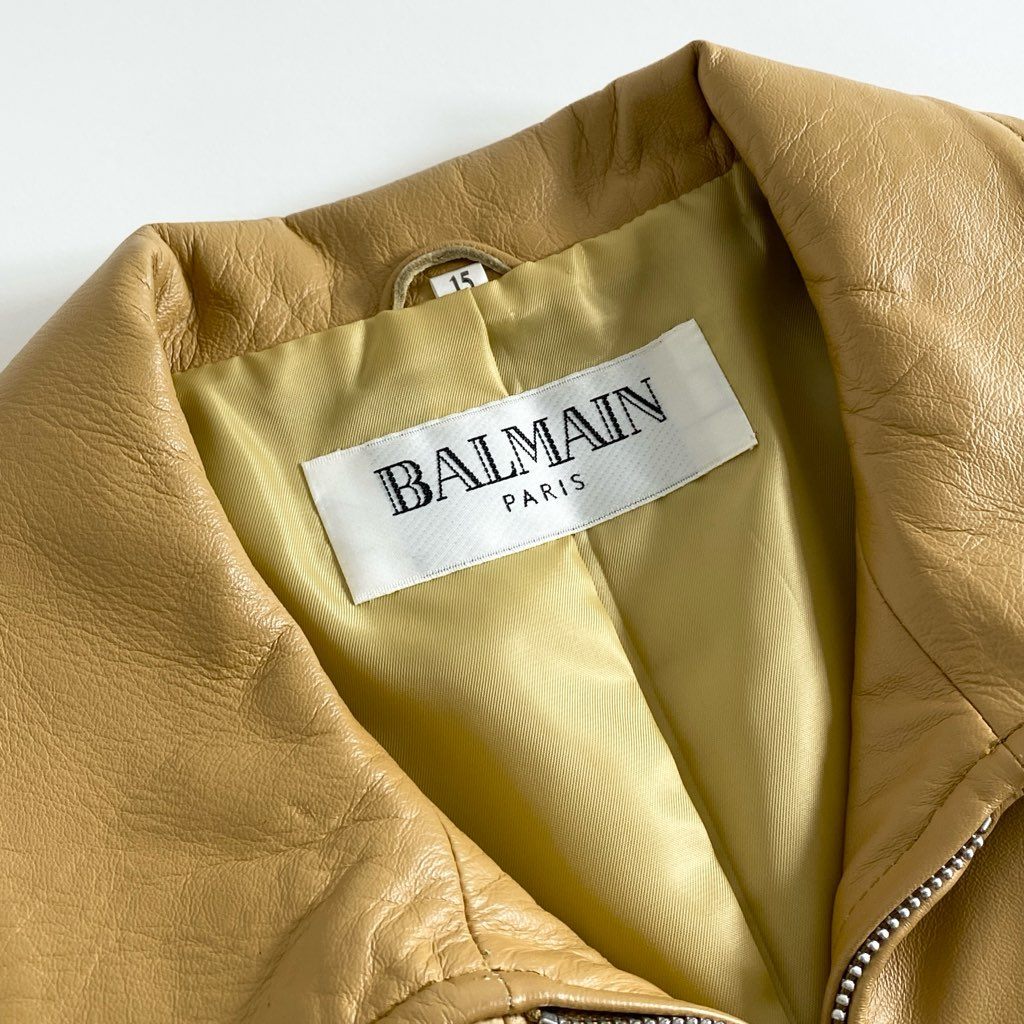 14e2 《美品》 大きいサイズ BALMAIN バルマン レザージャケット ブルゾン アウター ラムスキン シングルライダースジャケット 15 マスタード 羊革