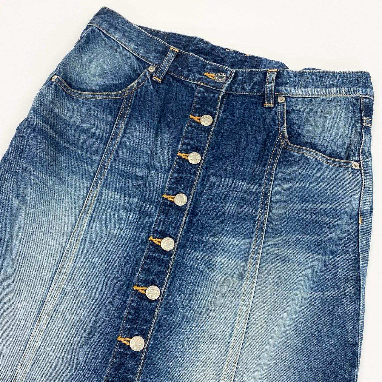 58k27 《極美品》 lucien pellat-finet ルシアンペラフィネ デニムスリットスカート ロングスカート フロントボタン ドクロ ペイント G10LP1146 M ブルー コットン100