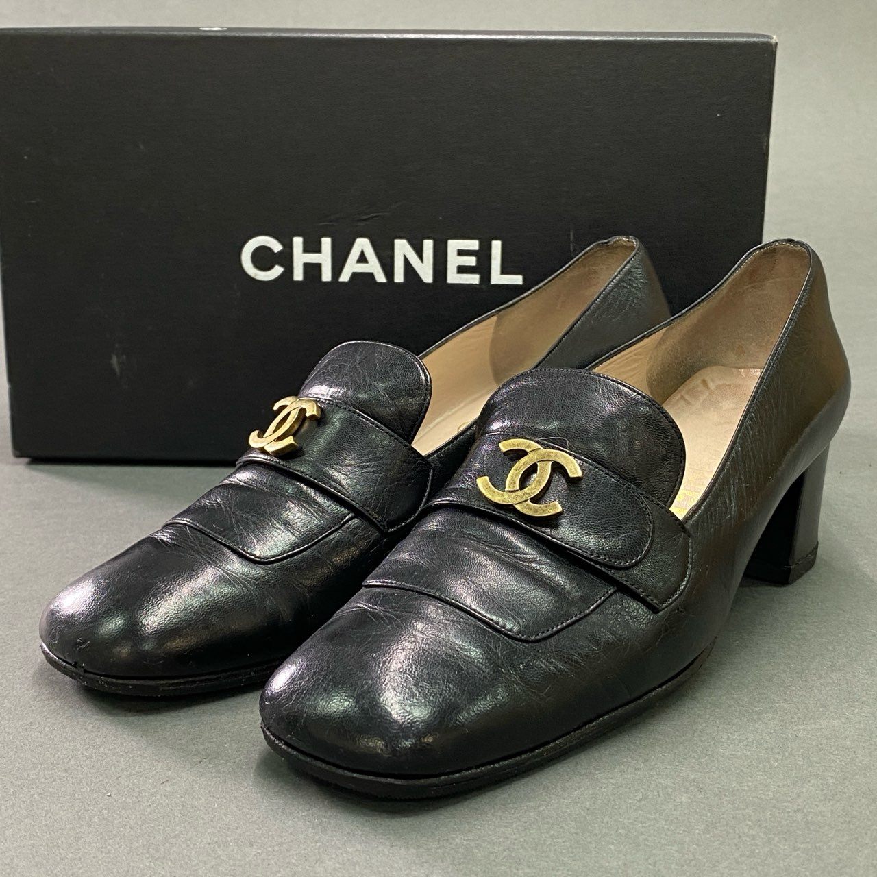 6c19 CHANEL シャネル ヴィンテージ ココマーク ローファー 36 1/2 ブラック レザー シューズ フランス製 箱付き