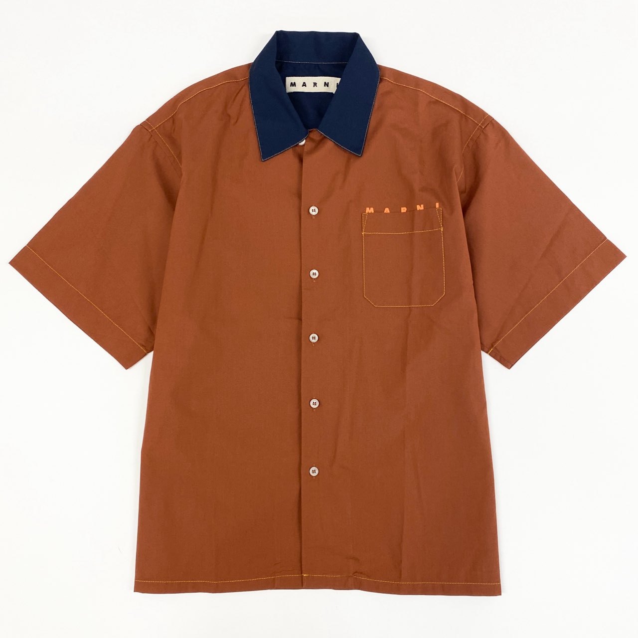 48e12 MARNI マルニ コットンポプリンオープンカラー S/S ロゴシャツ 半袖シャツ ボックスシルエット CUMU0213P2 46 テラコッタ ブラウン系