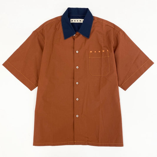 48e12 MARNI マルニ コットンポプリンオープンカラー S/S ロゴシャツ 半袖シャツ ボックスシルエット CUMU0213P2 46 テラコッタ ブラウン系
