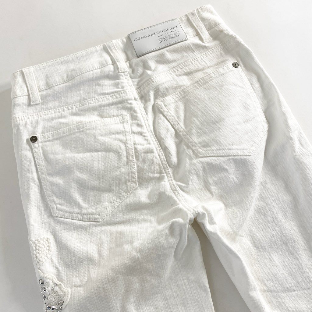 32d5 ERMANNO SCERVINO エルマンノ シャルヴィーノ ラインストーン付き フラワー刺繍 ストレッチスキニーパンツ 36 ホワイト イタリア製