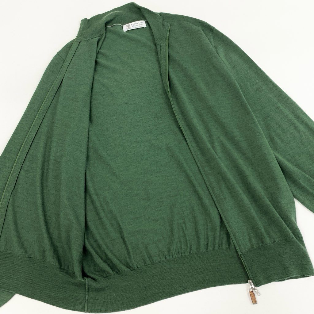 5f7 BRUNELLO CUCINELLI ブルネロクチネリ カシミヤ混 イタリア製 ドライバーズニット セーター ジップアップ エルボーパッチ グリーン ウール カシミア