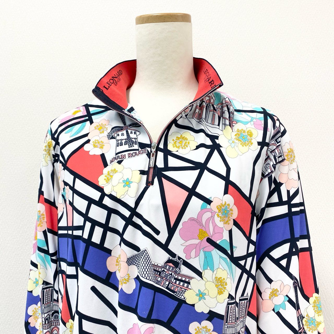 67g21 《美品》 LEONARD レオナール 伸縮ストレッチ 長袖シャツ ブラウス トップス 美しい花柄プリント ハーフジップ マルチカラー サイズ42 ポリエステル レディース 日本製