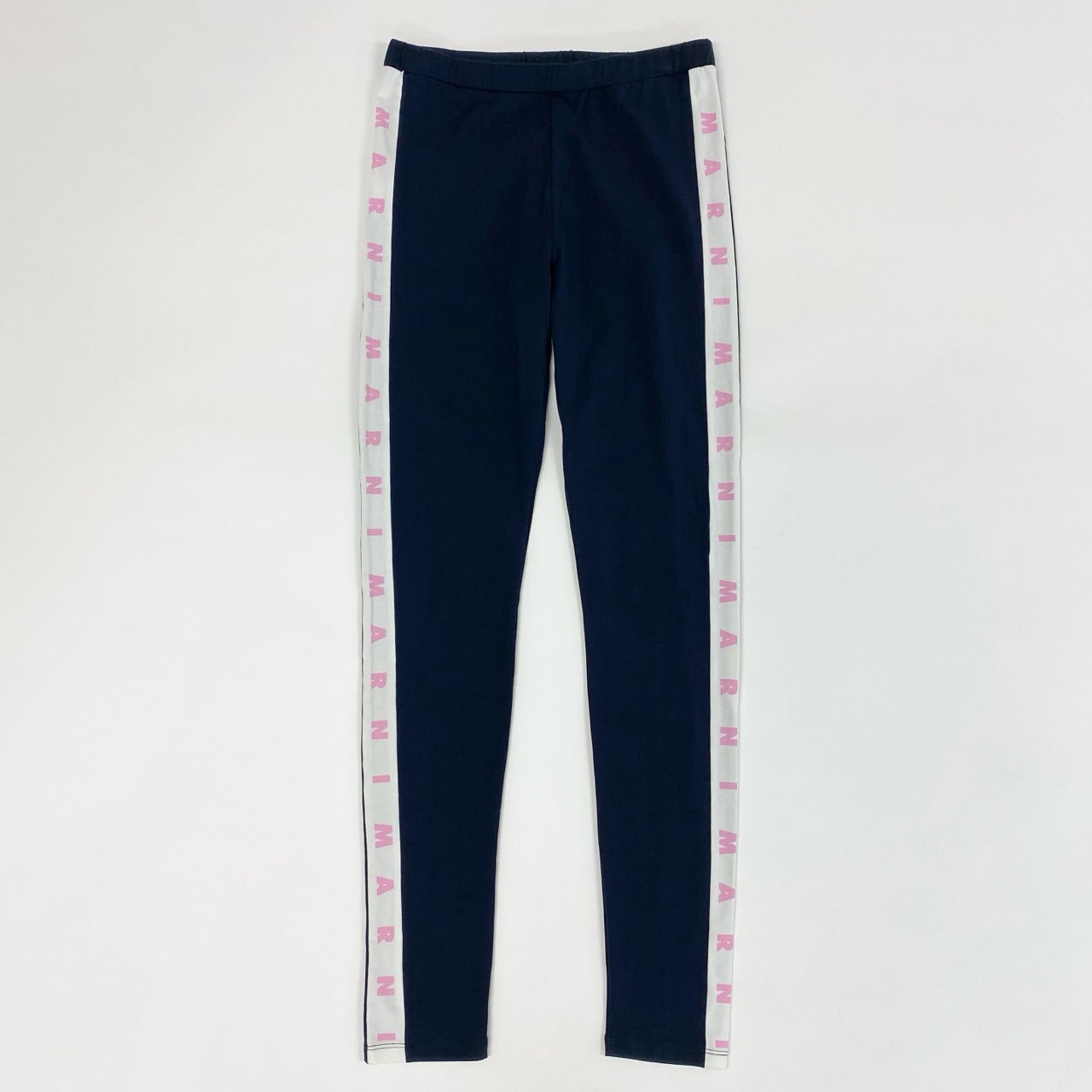 4c28 【美品】 MARNI マルニ ブランドロゴ ロングレギンスパンツ 薄手 ストレッチ スパッツ キッズパンツ 14Y ネイビー ホワイト ピンク