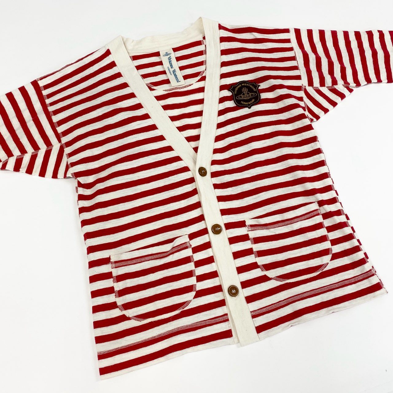 27F24 Vivienne Westwood ヴィヴィアンウエストウッド 長袖カーディガン ニット ボーダー コットンニット オーブ ワッペン メンズ 男性用 12161JO2 L レッド×ホワイト 綿100%