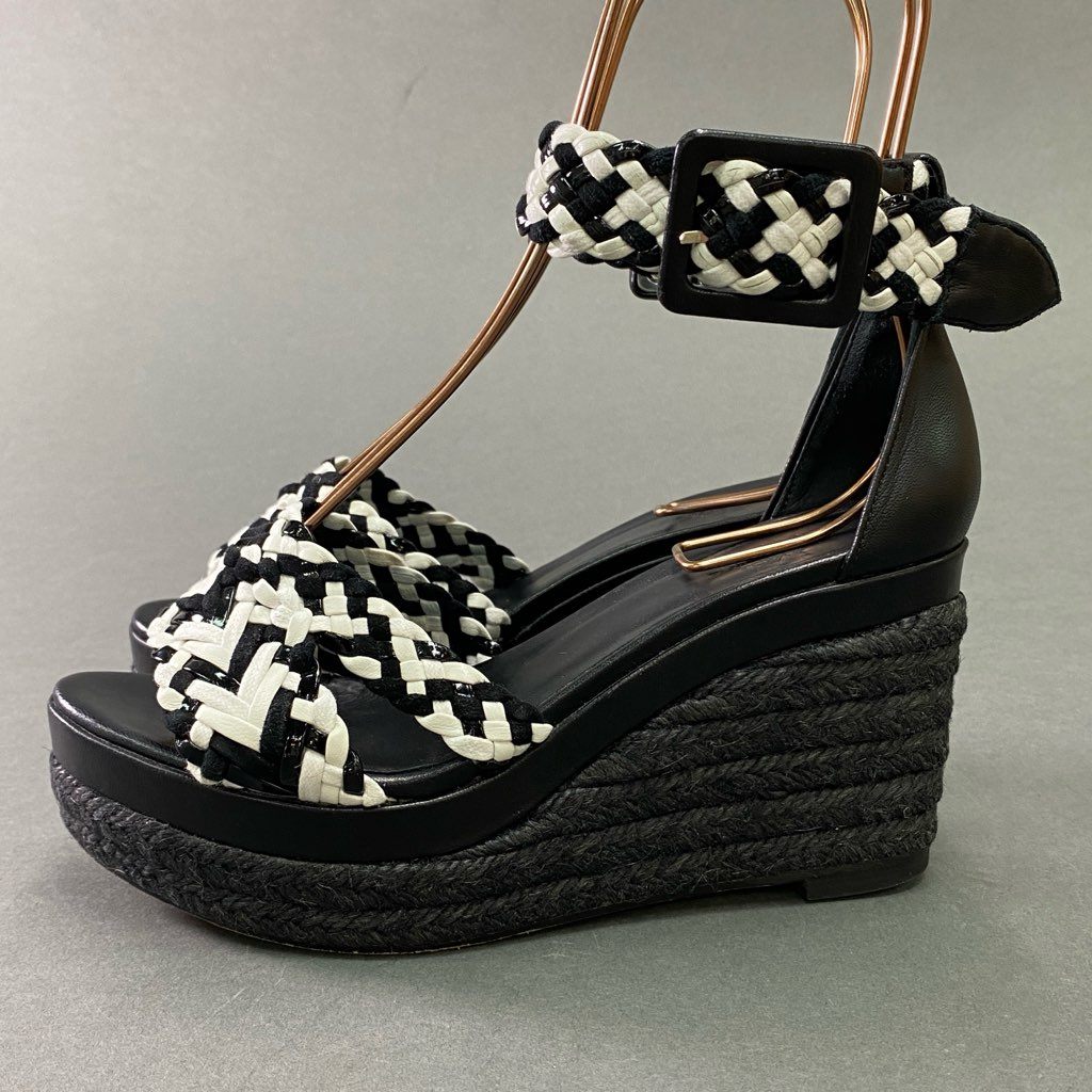 4d6 《美品》 HERMES エルメス イネス 編み込みデザイン ウェッジソールサンダル 34 ブラック ホワイト レザー シューズ イタリア製 夏