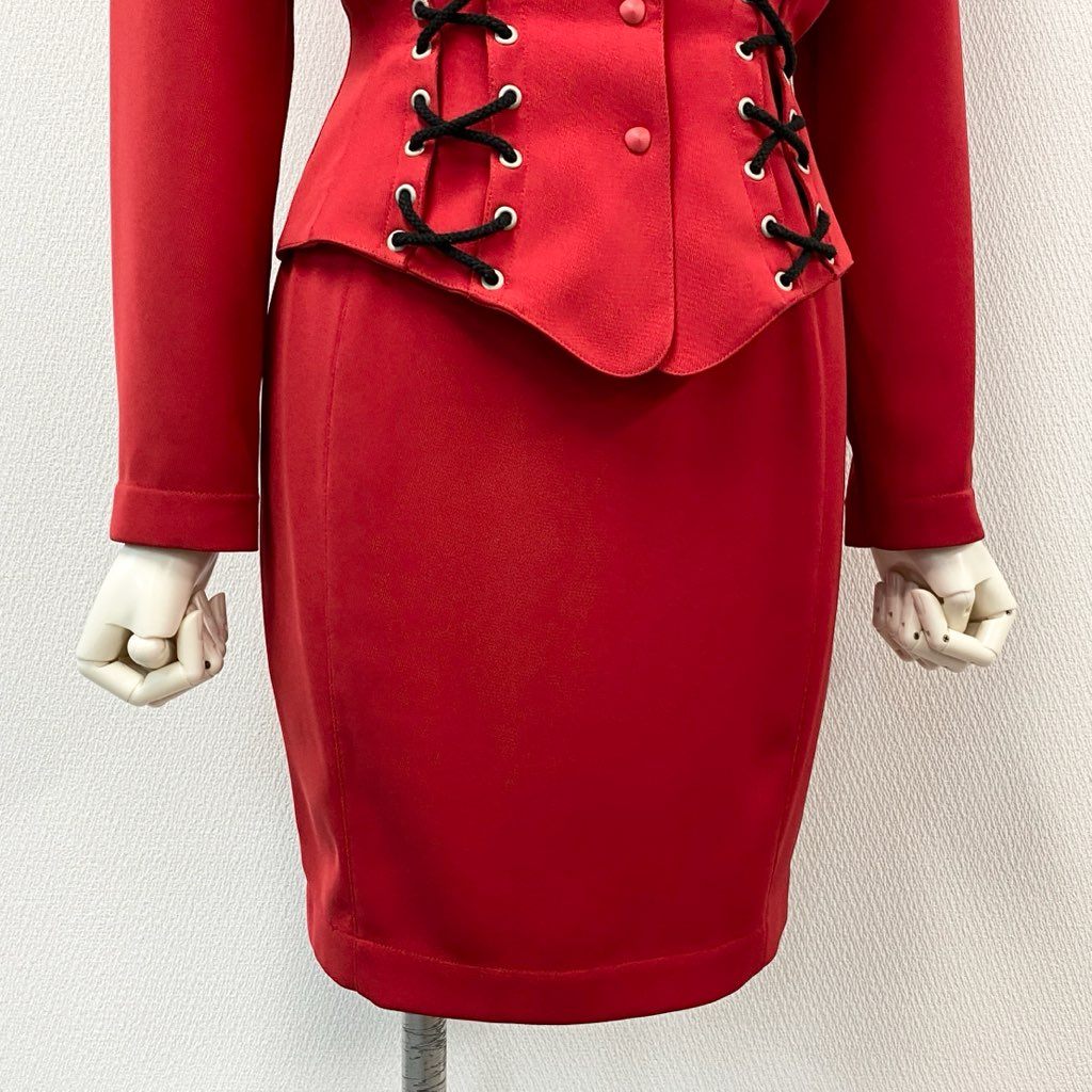 63d8-7 Thierry mugler ティエリー ミューグレー ジャケット/スカート スーツ セットアップ レースアップ 変形デザイン サイズ7AR/60-88 レッド ポリエステル100% レディース 日本製