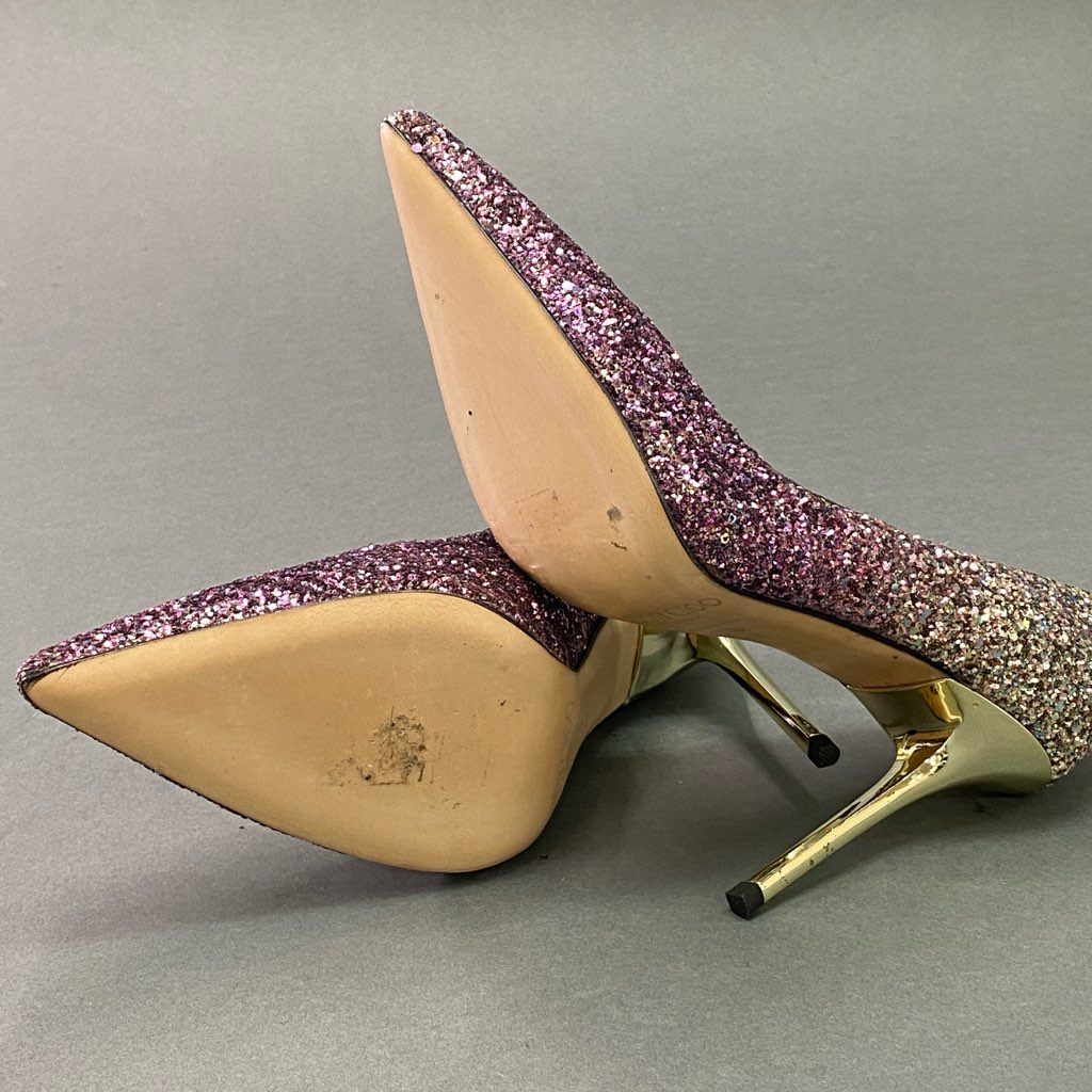1d12 《美品》 JIMMY CHOO ジミーチュウ グリッター パンプス ピンヒール ラメ イタリア製 ハイヒールパンプス レディース 38 ピンク系 結婚式
