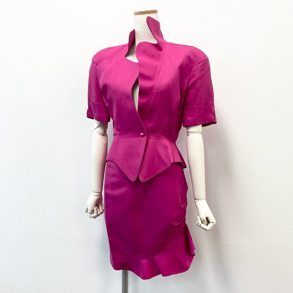 63d8-6 Thierry mugler ティエリー ミューグレー 半袖ジャケット/スカート スーツ セットアップ 変形デザイン サイズ7AR/60-88 ピンク レーヨン リネン レディース 日本製