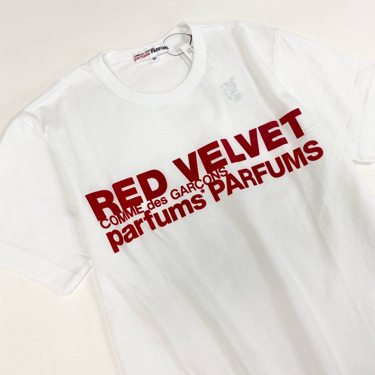 55h28」《極美品》COMME des GARCONS parfums PARFUMS コムデギャルソンパルファム RED VELVET 半袖Tシャツ ロゴ AD2019 OD-T202 Mサイズ ホワイト レッド レディース 女性用k02i