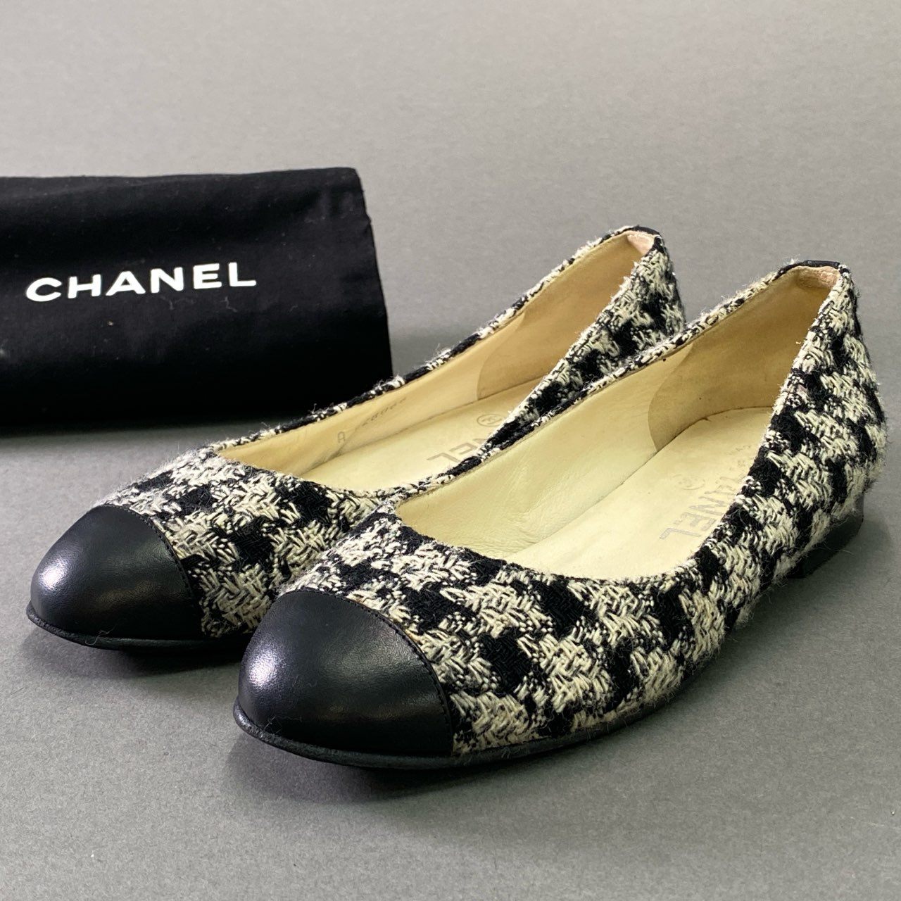 4d14 CHANEL シャネル ココマーク ツイード バレエシューズ G28066 34 ブラック フラット パンプス イタリア製
