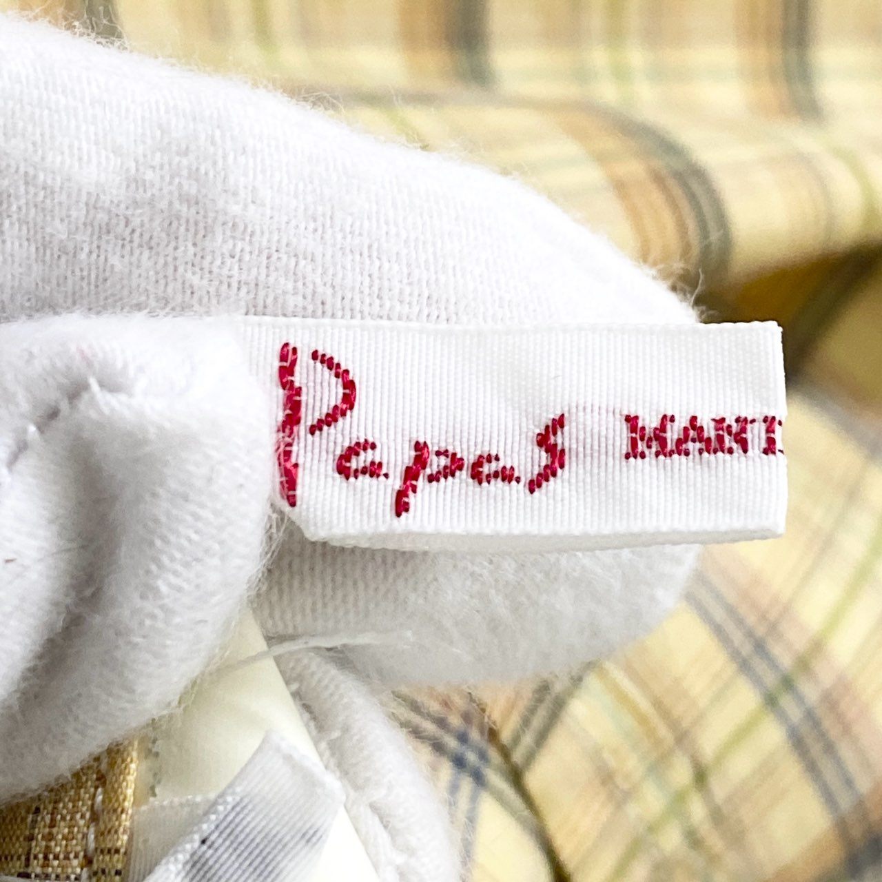 77d12 日本製 Papas パパス 長袖シャツ チェックシャツ バンドカラーシャツ M イエロー×ホワイト コットン100% メンズ 紳士服