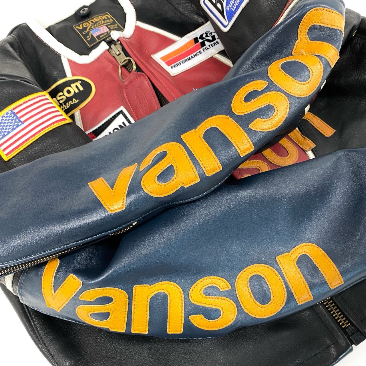 49f2 VANSON バンソン USA製 BOSTON MASS ワンスター シングルライダースジャケット レーシング ワッペン 42 ブラック マルチカラー レザー