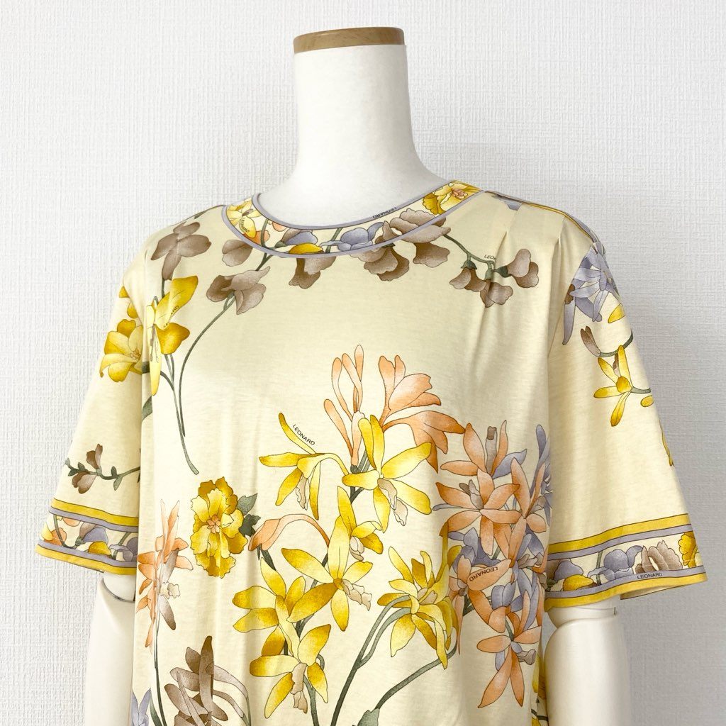 4e8 日本製 LEONARD レオナール 美しい花柄プリント 半袖Tシャツ カットソー トップス LL マルチカラー コットン100% レディース
