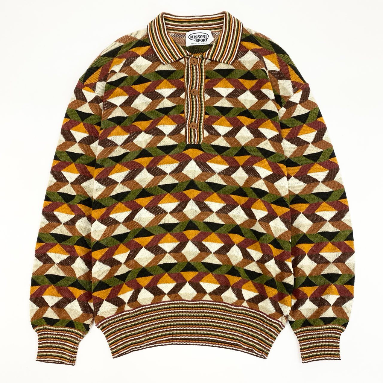 14f12 MISSONI ミッソーニ 幾何学 長袖 サマーニットポロシャツ M 茶系 プルオーバー イタリア製 紳士服