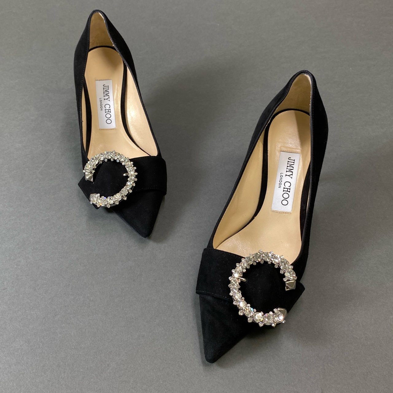 1g31 JIMMY CHOO ジミーチュウ 2023 Melva ラインストーン ビジュー ヒールパンプス シューズ イタリア製 36 ブラック スエード レディースk02i