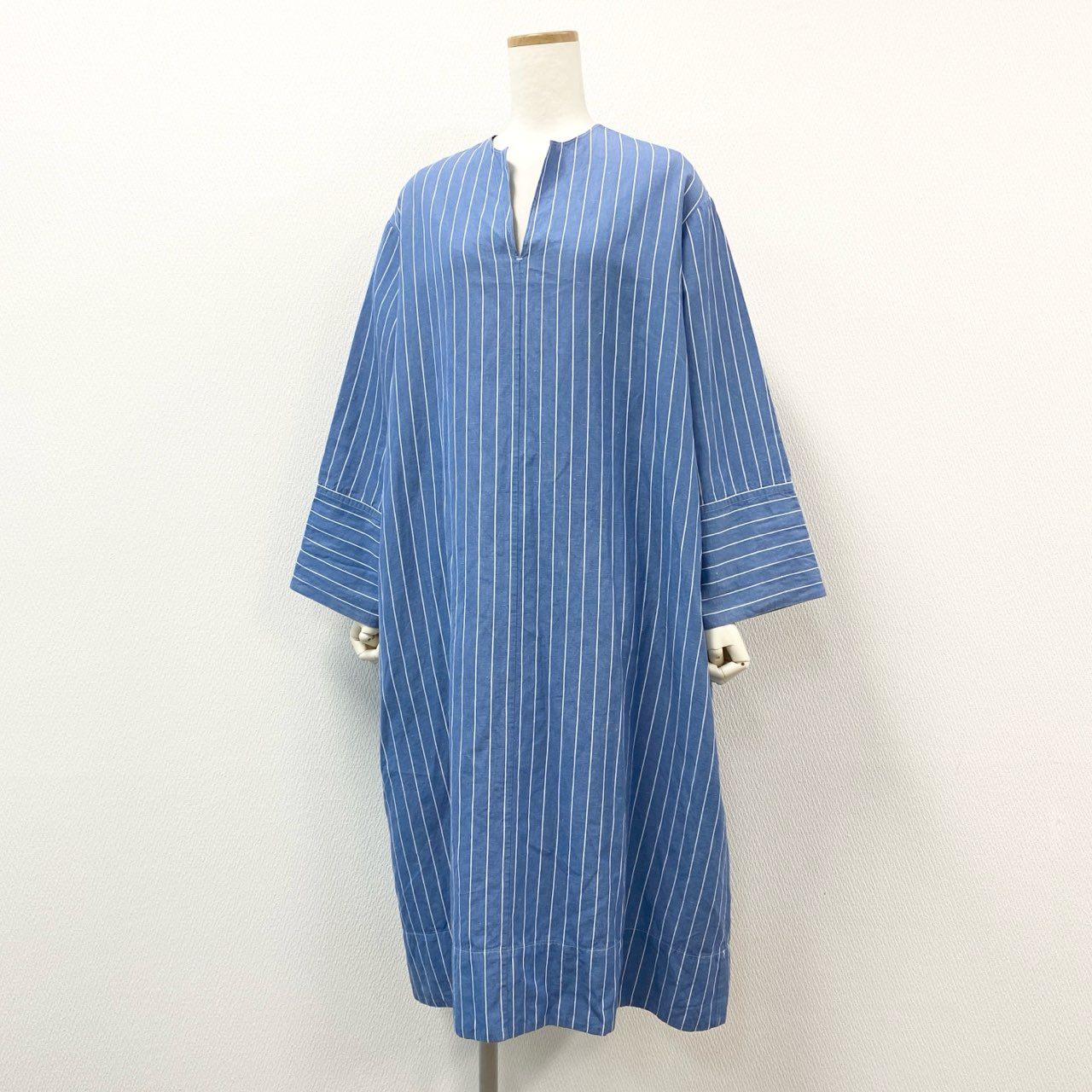 68g24 Scye サイ 完売品 COTTON LINEN DR 半袖ワンピース ロングワンピース ストライプ 1221-01050 サイズ36 ブルー ホワイト コットン リネン レディース 日本製_