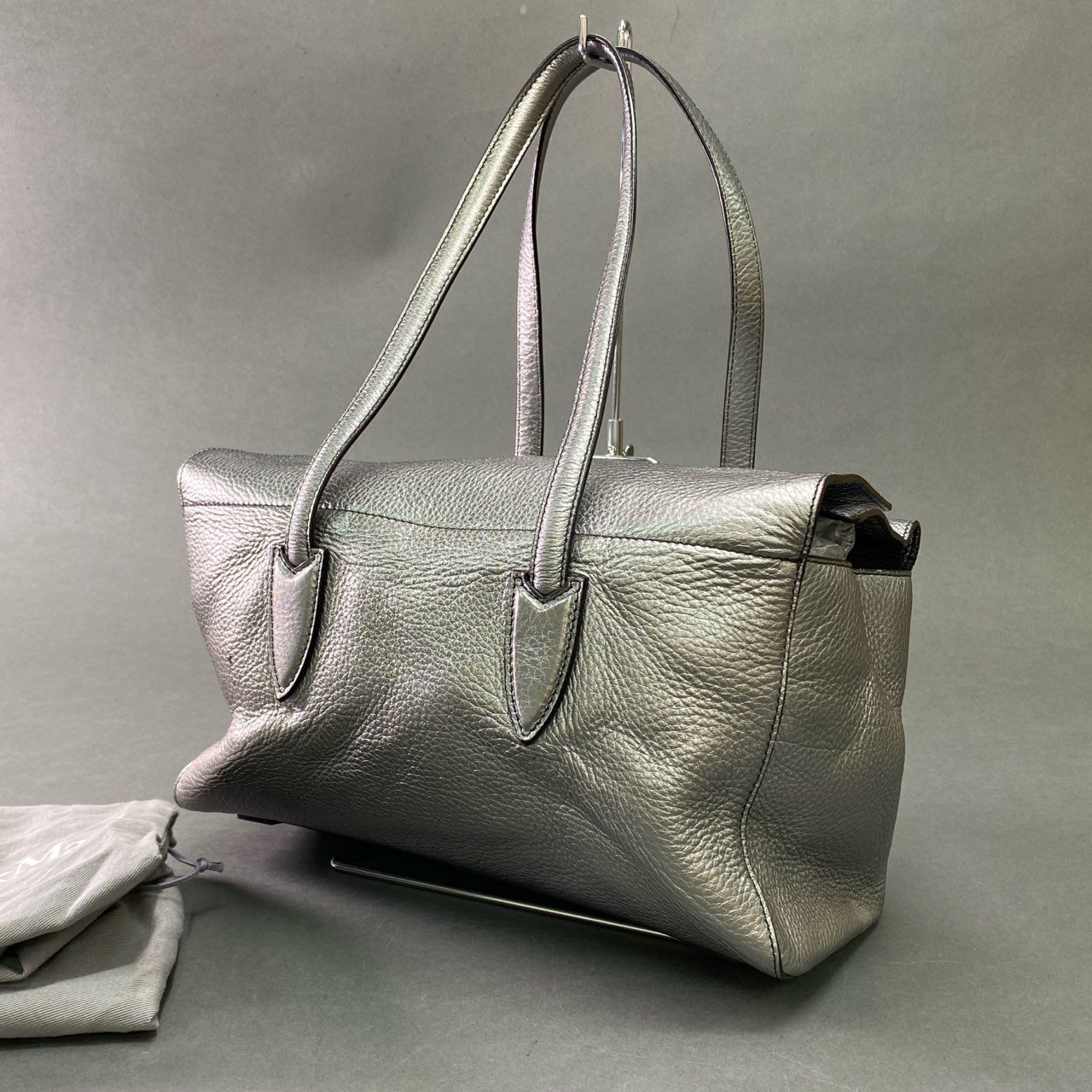 Gb12 Max Mara マックスマーラ ポーチ付き メタリック レザートートバッグ シルバー Leather ハンドバッグ 鞄 イタリア製