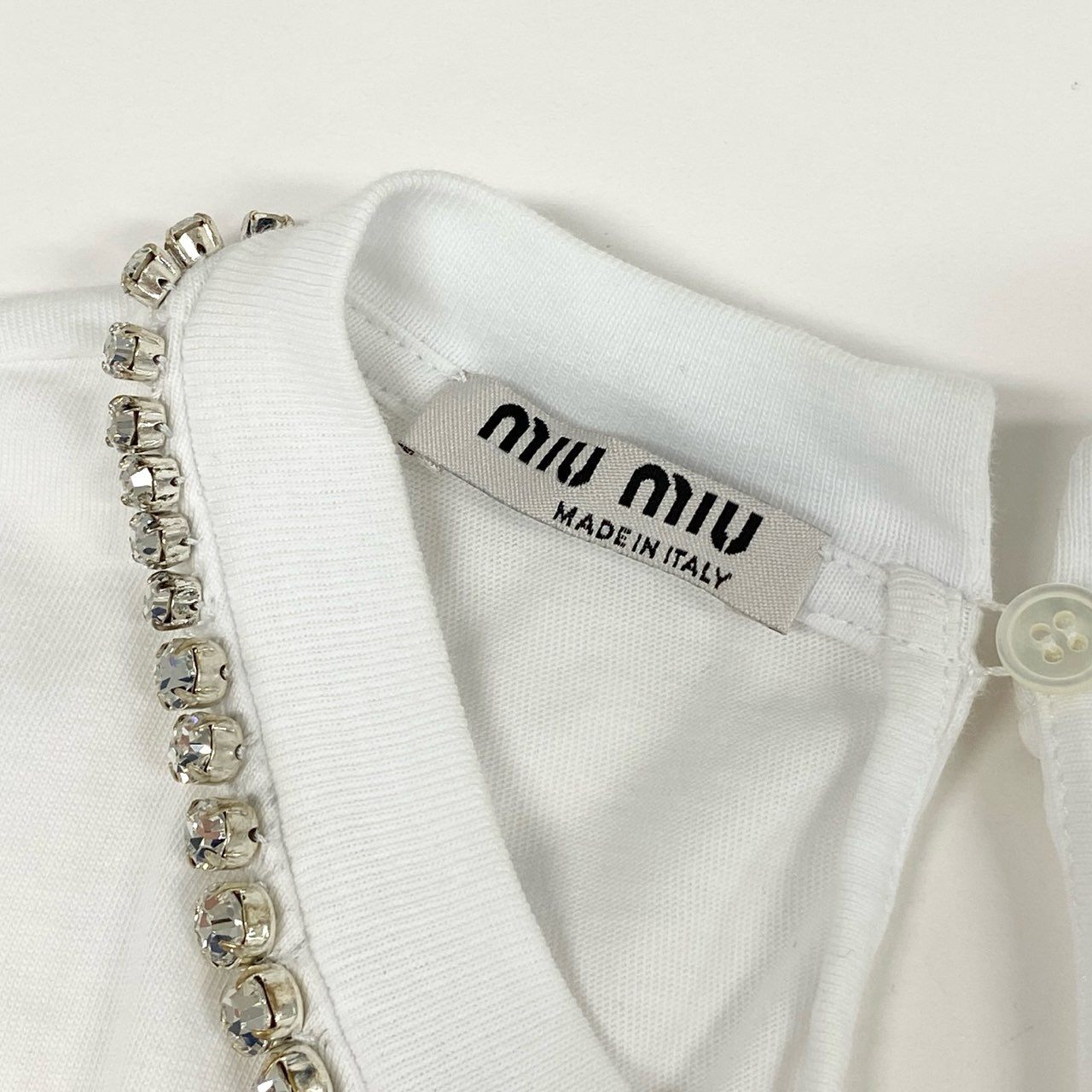 77f24 miu miu ミュウミュウ ロゴプリント 半袖カットソー ラインストーン Tシャツ ショートスリーブ トップス MJN264 XSサイズ ホワイト コットン レディース