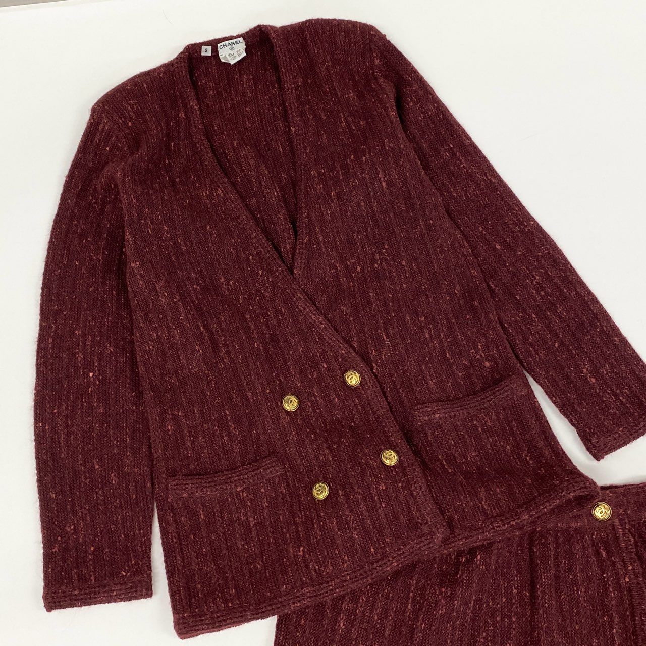 8h4 CHANEL シャネル VINTAGE 金ボタン セットアップ カーディガン 羽織 スカート モヘア Sサイズ ボルドー レディース