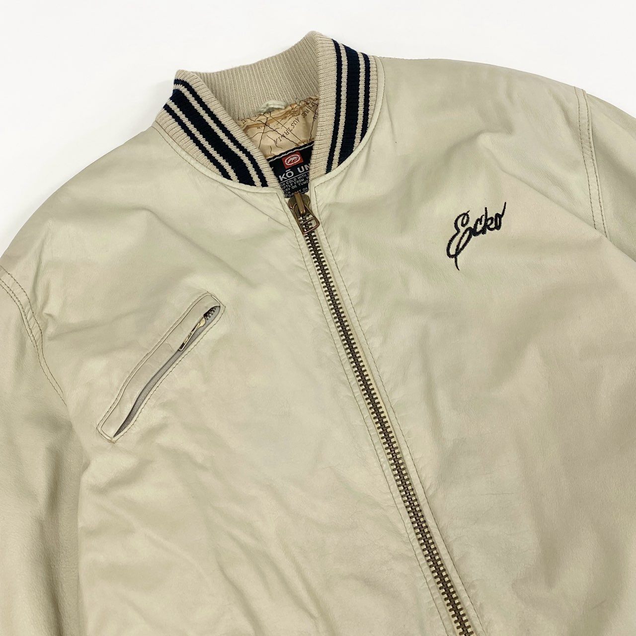 49f2 THE ECKO UNLTD エコー 90s レザージャケット ブルゾン 裏地総柄 世界地図 大きいサイズ 古着 VINTAGE ヴィンテージ XLサイズ ライトベージュ 牛革