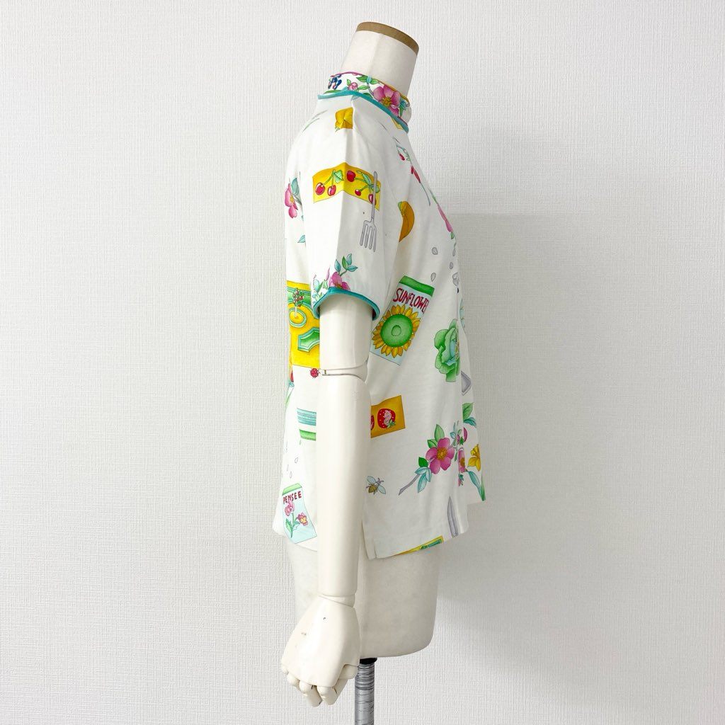 3e8 LEONARD SPORT レオナール スポーツ ハイネック半袖Tシャツ カットソー トップス 美しい花柄プリント サイズM マルチカラー コットン100% レディース 日本製