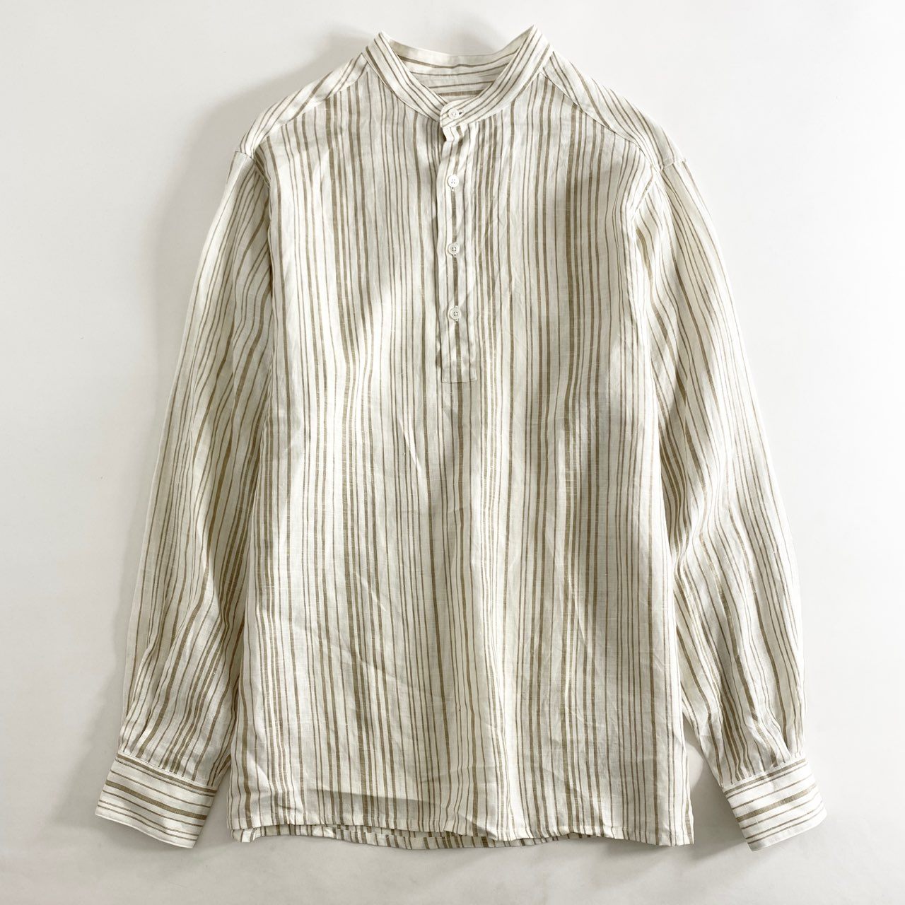 40h8-2 《美品》 フランス製 HERMES エルメス バンドカラーシャツ 長袖シャツ リネンシャツ ストライプ セリエボタン サイズ41/16 ホワイト×グリーン系 リネン100% メンズ