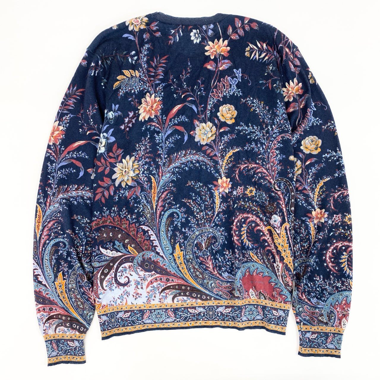 82d4 ETRO エトロ カシミヤ フラワーニットトップ L ネイビー 薄手 セーター イタリア製
