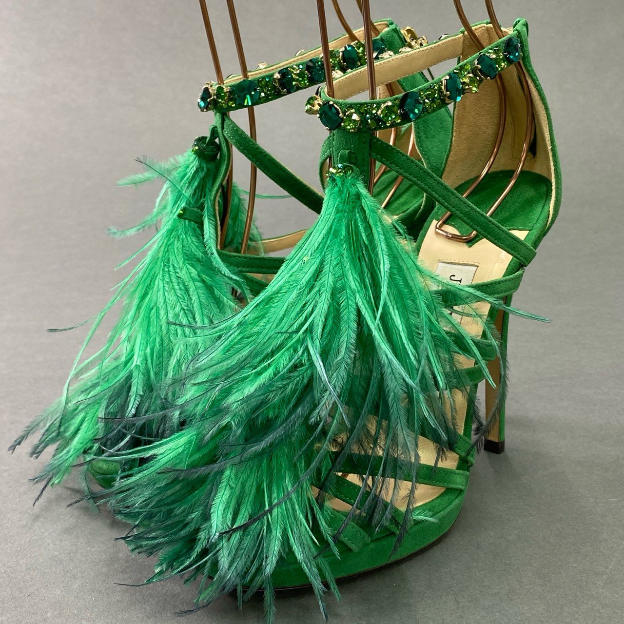 3c18 イタリア製 JIMMY CHOO ジミーチュウ ラインストーン ハイヒールサンダル パンプス シューズ フェザー 37 グリーン スエードレザー