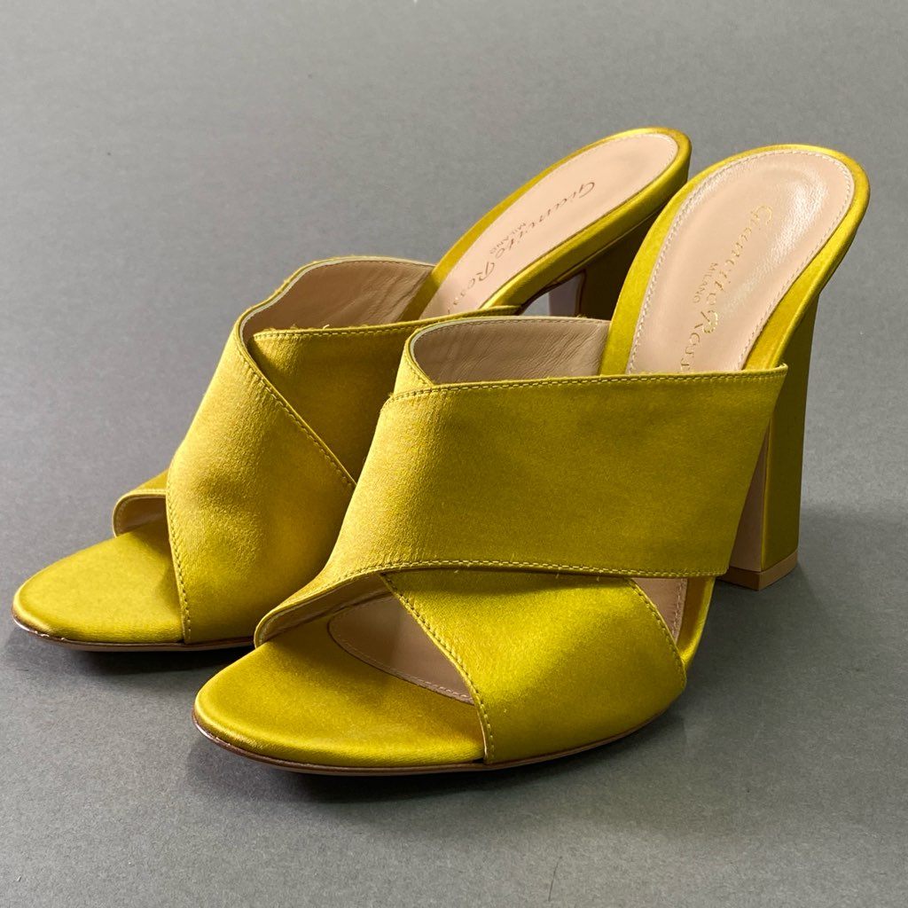 3d3 Gianvito Rossi ジャンヴィトロッシ チャンキーヒール サテン ミュール サンダル パンプス シューズ イタリア製 38 ゴールド
